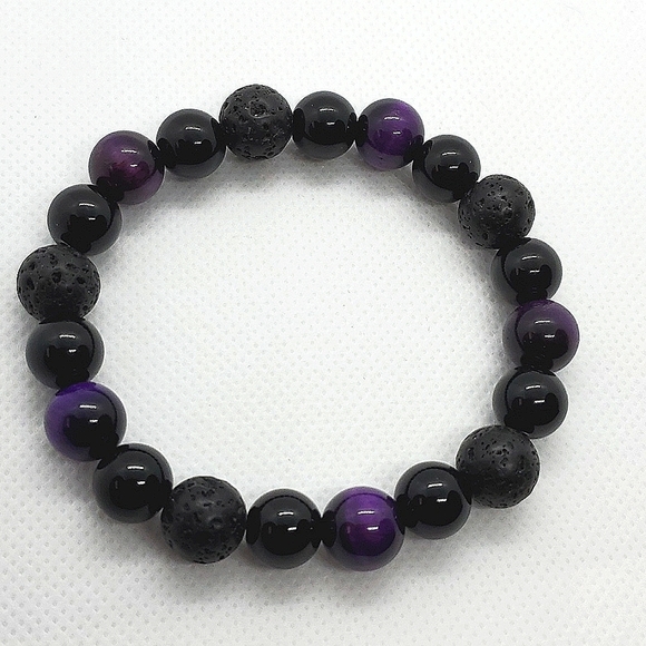 Bracelet Triple Protection Healing Stones Obsidian, Purple Tiger Eye, Lava - Picture 5 of 14